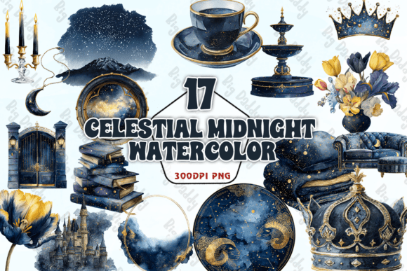 Celestial Midnight Watercolor PNG Graphics