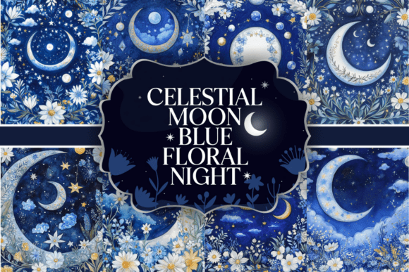 Celestial Moon Blue Floral Night Graphics