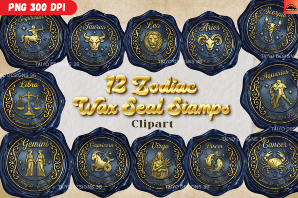 Gold Zodiac Wax Seal Stamps Clipart